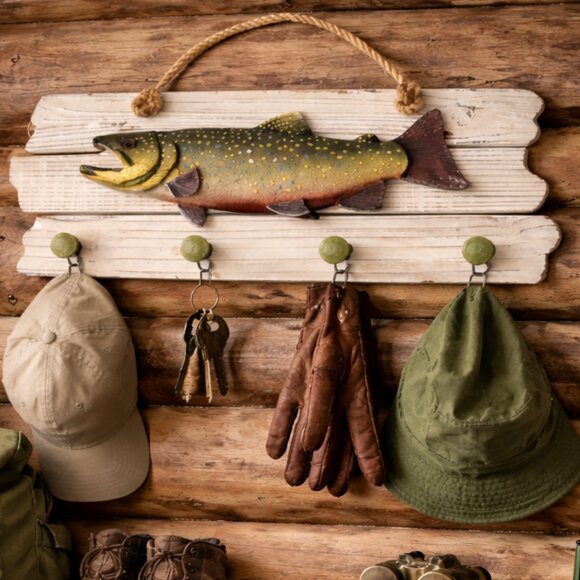 Brook Trout Resin Wall Art 4 Hooks Hanging Rack Realistic 2D Cabin Lodge Western - Picture 2 of 11